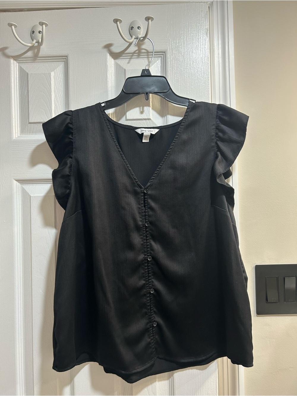 Nine West Black Ruffle Sleeve Button-Front V-Neck Top